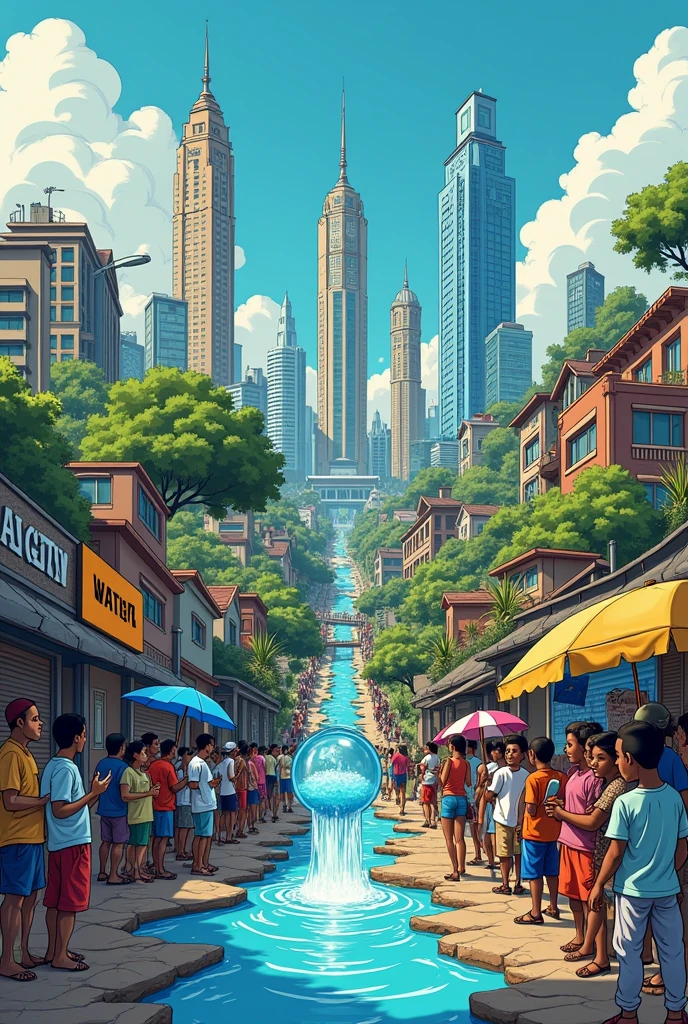 Cartoon about a social criticism of the problem of privatization of natural resources such as water