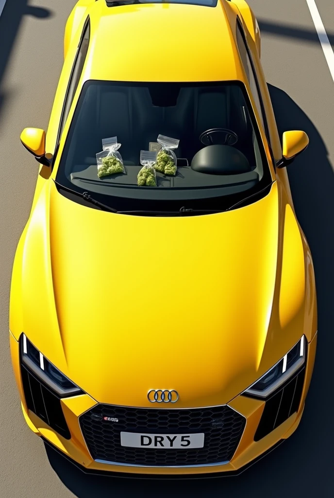 Yellow real Audi car in real style with the license plate DRY5 and normal background and cannabis bags on the seats and hashish plates on the floor