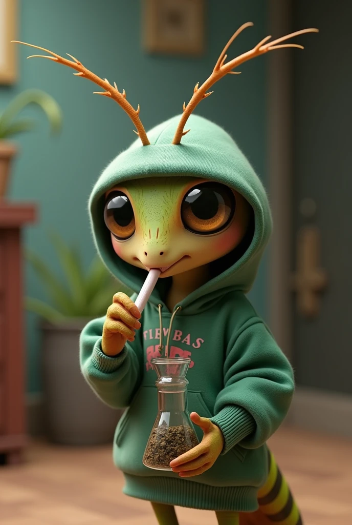 Create an animated cricket wearing a hoodie and smoking from a bong