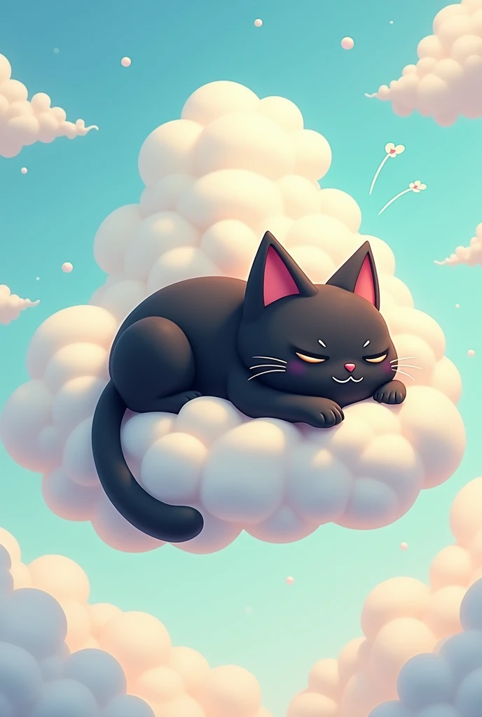 A black cat resting on cartoonish clouds