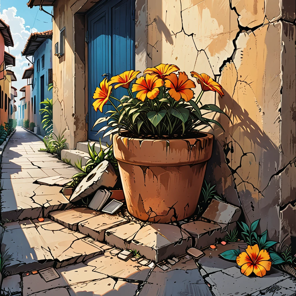 (((big cracks on the pot,big cracks on the ground,big cracks on the walls of the street,))) roots,
half flower pot, (((many big cracks))), earthquake, quake, temblor, (shake),
close-up, broken pot lying on its side with soil and flower, roots with flower, (((big deep cracks))), (((broken pot lying on its side))), on a tropical street, wall, flower lies on the ground, graphic style of novel comics, 2d, 8k, hyperrealism, masterpiece, high resolution, best quality, ultra-detailed, super realistic, Hyperrealistic art, high-quality, ultra high res, highest detailed, lot of details, Extremely high-resolution details, incredibly lifelike, colourful, soft cinematic light,