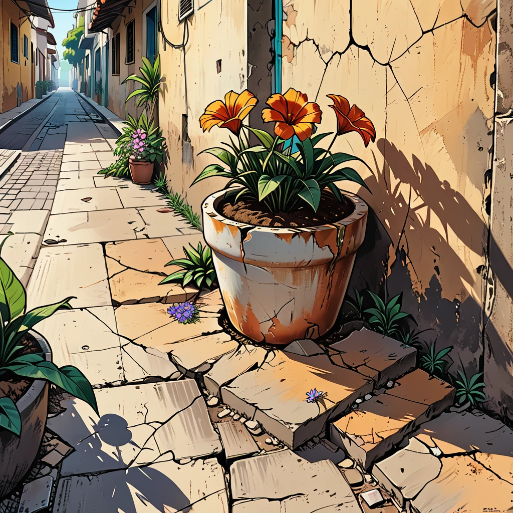 (((big cracks on the pot,big cracks on the ground,big cracks on the walls of the street,))) roots,
half flower pot, (((many big cracks))), earthquake, quake, temblor, (shake),
close-up, broken pot lying on its side with soil and flower, roots with flower, (((big deep cracks))), (((broken pot lying on its side))), on a tropical street, wall, flower lies on the ground, graphic style of novel comics, 2d, 8k, hyperrealism, masterpiece, high resolution, best quality, ultra-detailed, super realistic, Hyperrealistic art, high-quality, ultra high res, highest detailed, lot of details, Extremely high-resolution details, incredibly lifelike, colourful, soft cinematic light,