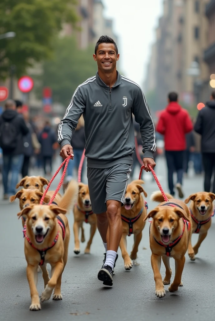 Youtuber Cristiano Ronaldo is guiding some dogs with the strings to earn money on the street