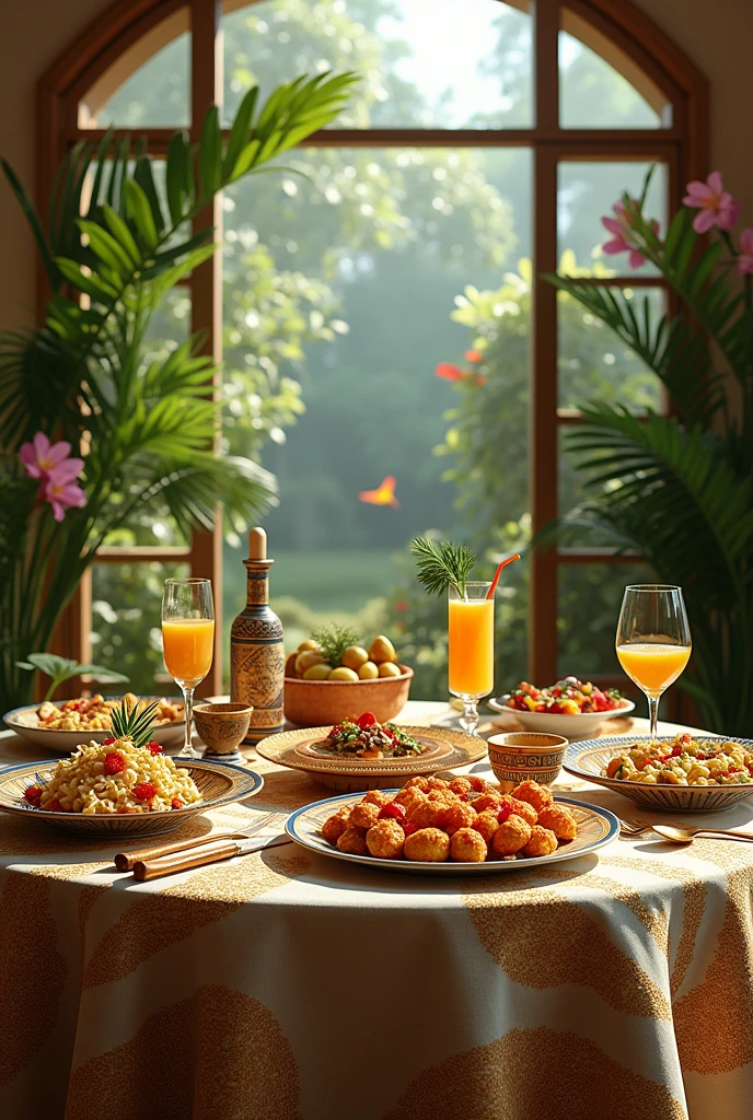 table with gold and white tablecloth, where there are gourmet foods and drinks inspired by pre-Columbian cuisine in Colombia with a large window in the background that overlooks a beautiful botanical garden and birds 