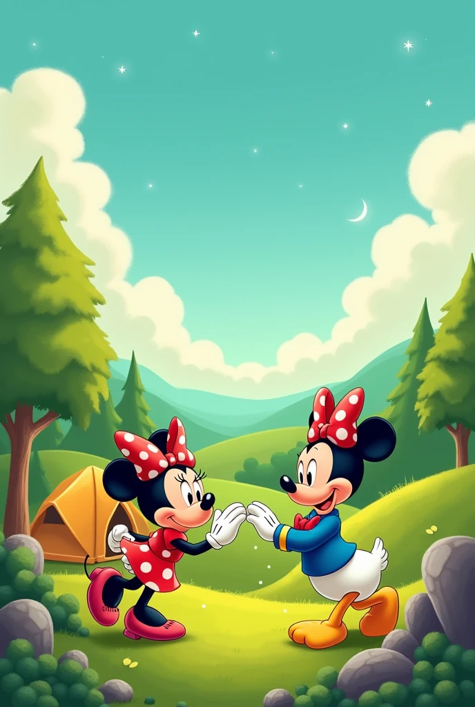 For a cover,  a lemon green background landscape. With Minnie Mouse and camping in a beautiful place with Donald Duck. Clouds and trees. That the whole image looks good without gradient and that the lemon green stands out. CORRECTLY GENERATE THE HANDS, THEY ARE 4 FINGERS IN EACH HAND AND TWO HANDS 