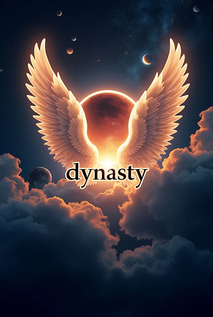 I need you to generate an image that contains the word "DYNASTY", This is from a company that is dedicated to events and receptions with an image with angel wings as a background, only the wings, a background eclipse with surrounding planets and asteroids image that can be distinguished by day and night


