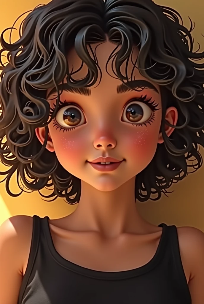 Mexican features young adult chubby and curly short hair dark brown round eyes round face no glasses round and big brown eyes with dimple on both the cheeks and small nose . Fair in color is wearing black and has extra fat arms and has big round lips and is wearing minimum makeup