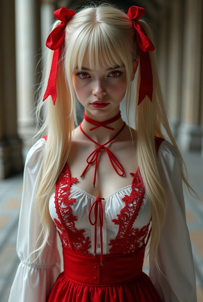 Blonde。Long twin tails。Red lace ribbon。Crimson Eyes。Cold Stare。Expressionless。Classical router。Red jumper skirt。