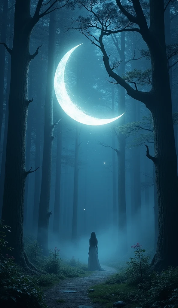 A mystical crescent moon hangs low in the night sky, its silver light shimmering over a tranquil, dark forest. The moon's curved edge softly glows with an ethereal, bluish hue, casting delicate shadows on the mist that hovers over the ground. Stars twinkle faintly around the moon, as if drawn to its serene presence. Below, ancient trees stand tall, their leaves rustling gently in the cool breeze, illuminated by the moon's gentle glow. The scene exudes an air of quiet mystery, as if the forest itself is alive, whispering secrets under the watchful gaze of the crescent moon.