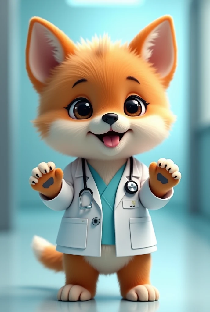 A small Kai dog puppy standing facing forward with its front legs raised。Smiling。
Big eyes with a cute, human-like expression。Slightly larger head than body。limbs are short。
Doctor's attire。Glossy texture。
The background is the hospital。

