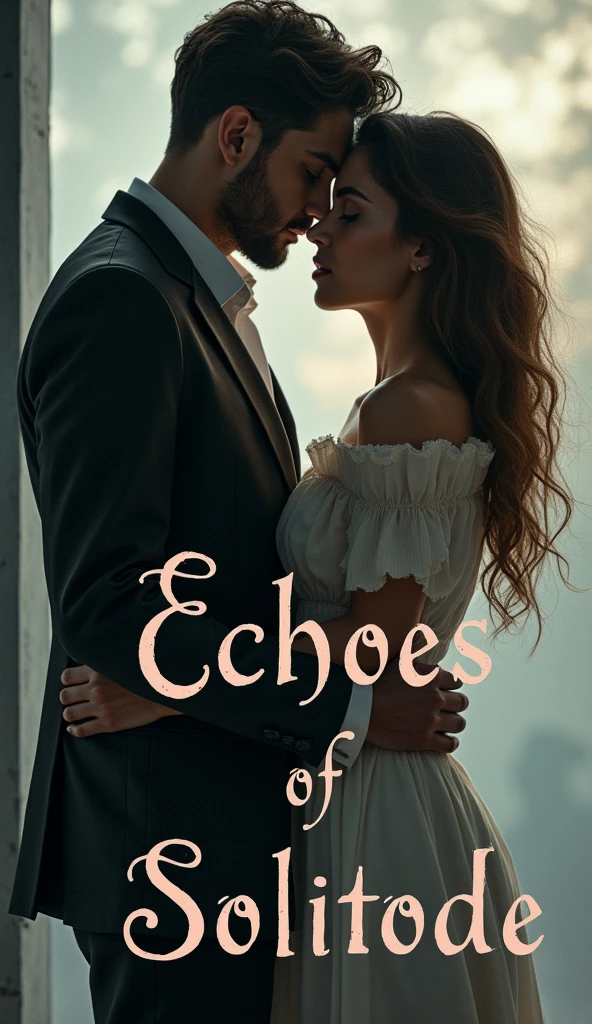 A boy x boy romance book cover that titled “echoes of solitude” psychologist and architect lovers. (Put the title on the picture, make it stylish, choose a background that go with the title) the bottom lead has feminine features while the top has both masculine and feminin features.