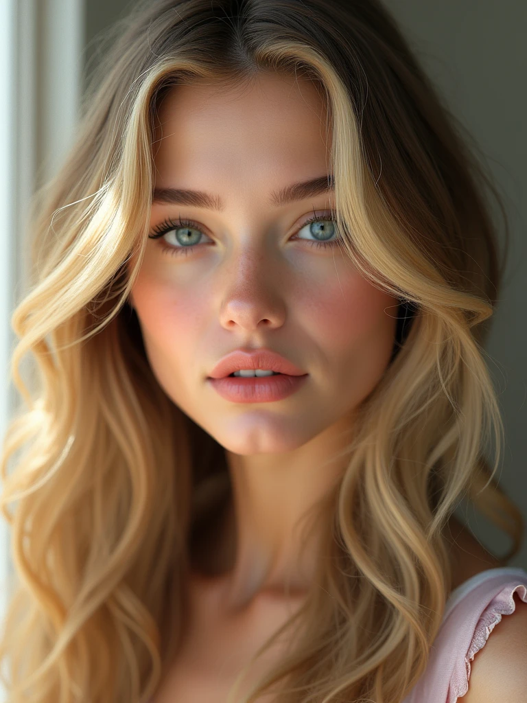 Create a realistic and photorealistic photo image, beautiful girl, blonde wavy hair