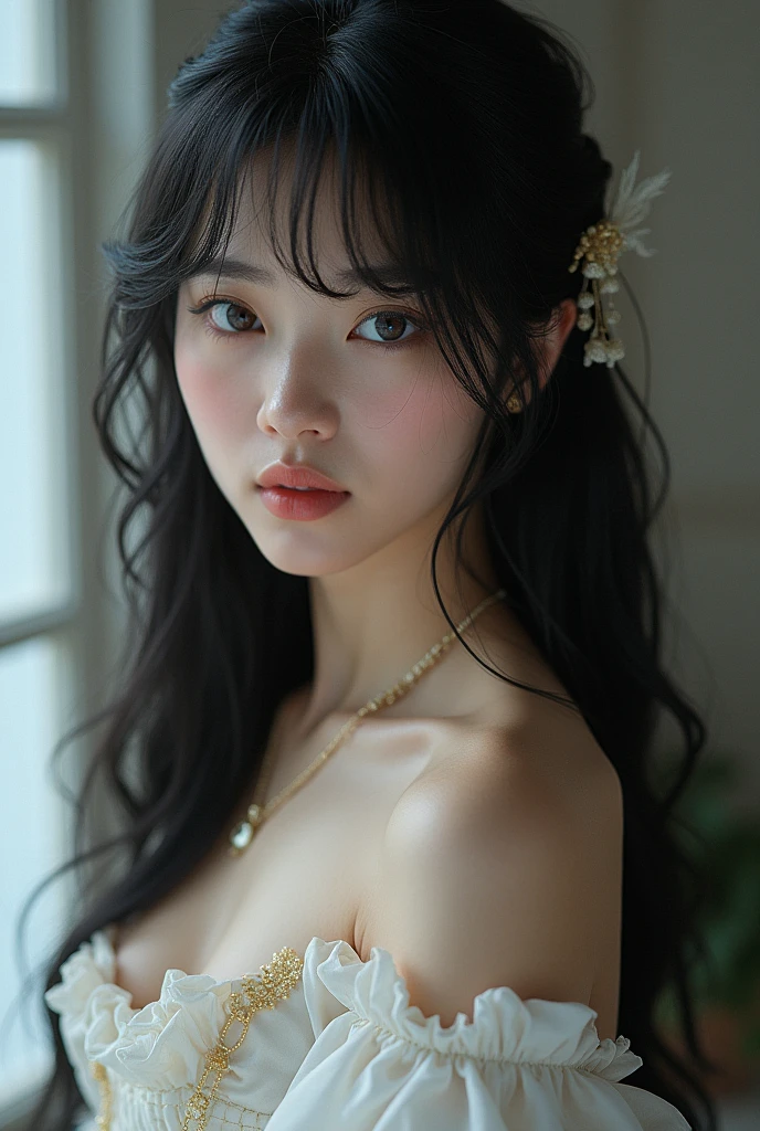 Best Quality, (photorealistic: 1,2), 1 girl, Alone, Detailed face, face focus, standing, black hair, (hair ornament: 1,35), clerk, ribbon-trimmed sleeves, separate sleeves, ribbon trim, wide sleeves, (looking at the viewer:1.5) by the wide, blue eyes , fringe, Lips,