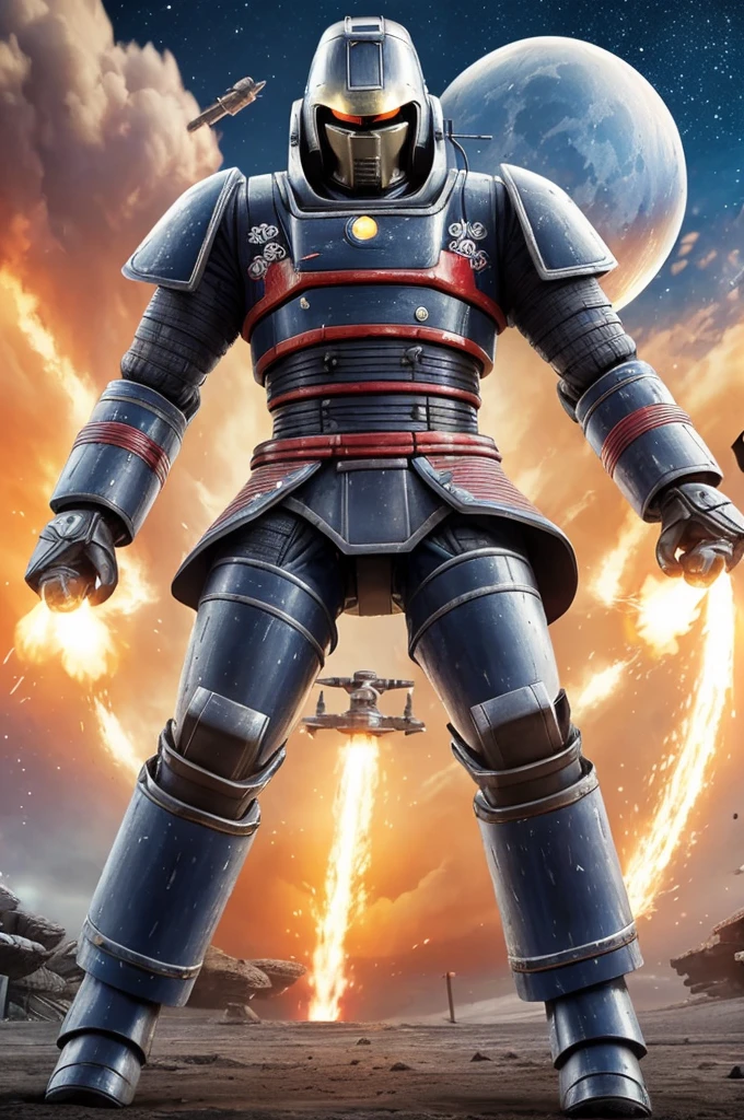 A giant robot (samurai theming, head has helmet styling and a large bubble dome cockpit), lunar surface, stars in back ground, action pose, shooting a rocket fist at viewer connected to mech via chain
