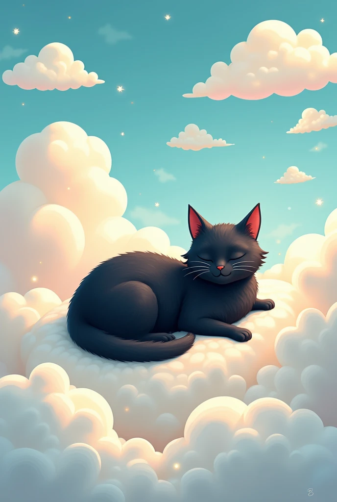 A black cat resting on cartoonish clouds enlarge the background of the photo