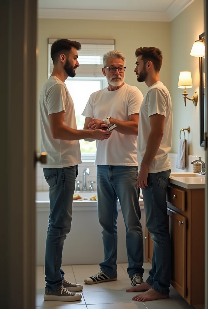 55-year-old man helping his 2 son shave. They are in the bathroom wearing casual clothes. The photo is realistic