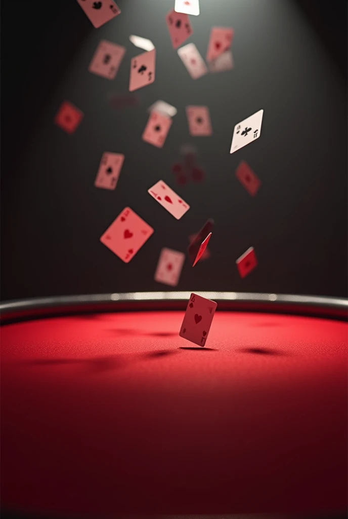 Vision of a red table and poker cards falling towards it, 3D, background with dim light and blurry. Just the table and the cards