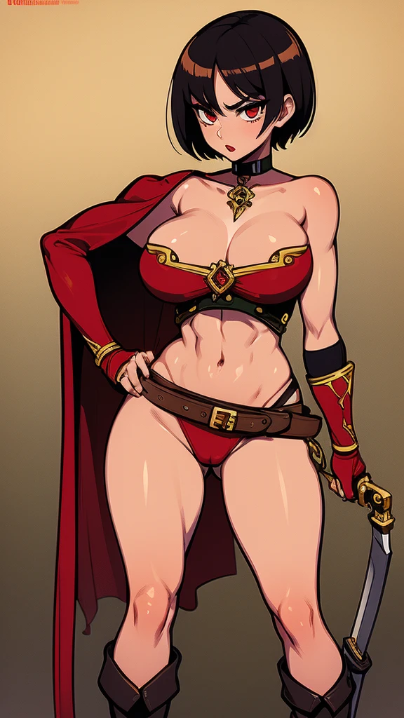 (masterpiece), best quality, expressive eyes, perfect face(masterpiece), best quality, expressive eyes, perfect face, Female warrior, short black hair, scar on left eye, bronze skin, red lips, amber eyes, muscular, wide hips, large , holding a sword, red cape torn shoulder, arm sleeves, belt on legs, steel plate boots, steel plate gauntlets, chocker, breast pussy plate, scars,