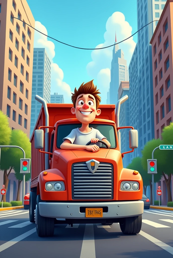 A cartoonist AI image of a man who is sitting in a truck with the background of city