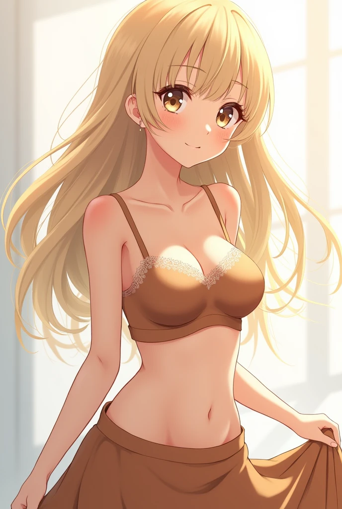 (masterpiece:1.3), (8k, best quality, ultra detailed, ultra high res:1.2), ((anime style)), nsfw, perfect 5 fingers, perfect anatomy,
1girl,
BREAK long hair, ponytail, yellow hair, 
purple eyes, small hair scrunchie, 
[medium breasts], 
BREAK pink lingerie, lace-trimmed bra, (garter belt:1.3), thighhighs, cleavage, side-tie panties, (special occasion thong panties:1.3), armpits, from below, (blush:1.1), 
BREAK looking at viewer, cowboy shot, front light, indoor, (lie on the bed:1.1),