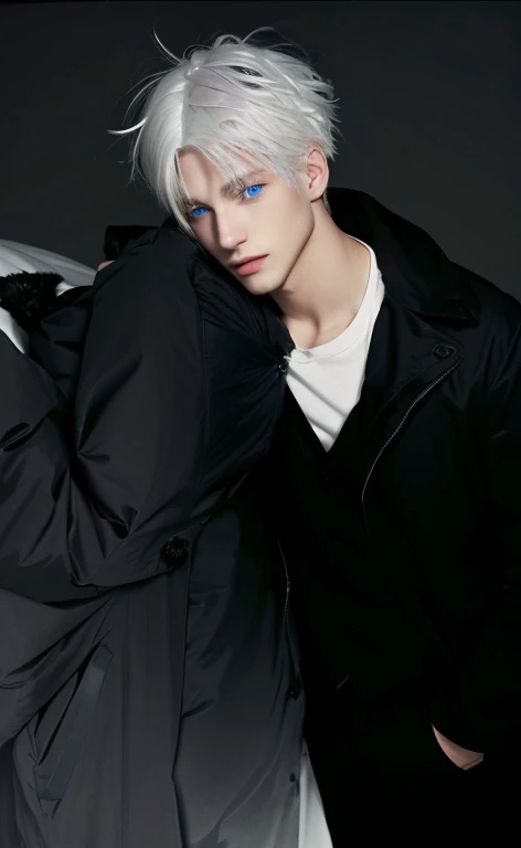 white haired, blue eyed guy embracing