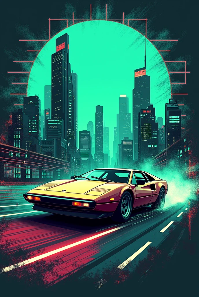 "A retro t-shirt design featuring a stylized 80s sports car driving into a futuristic cityscape. The design uses neon colors like Green and teal, with a grid background and a distressed texture."