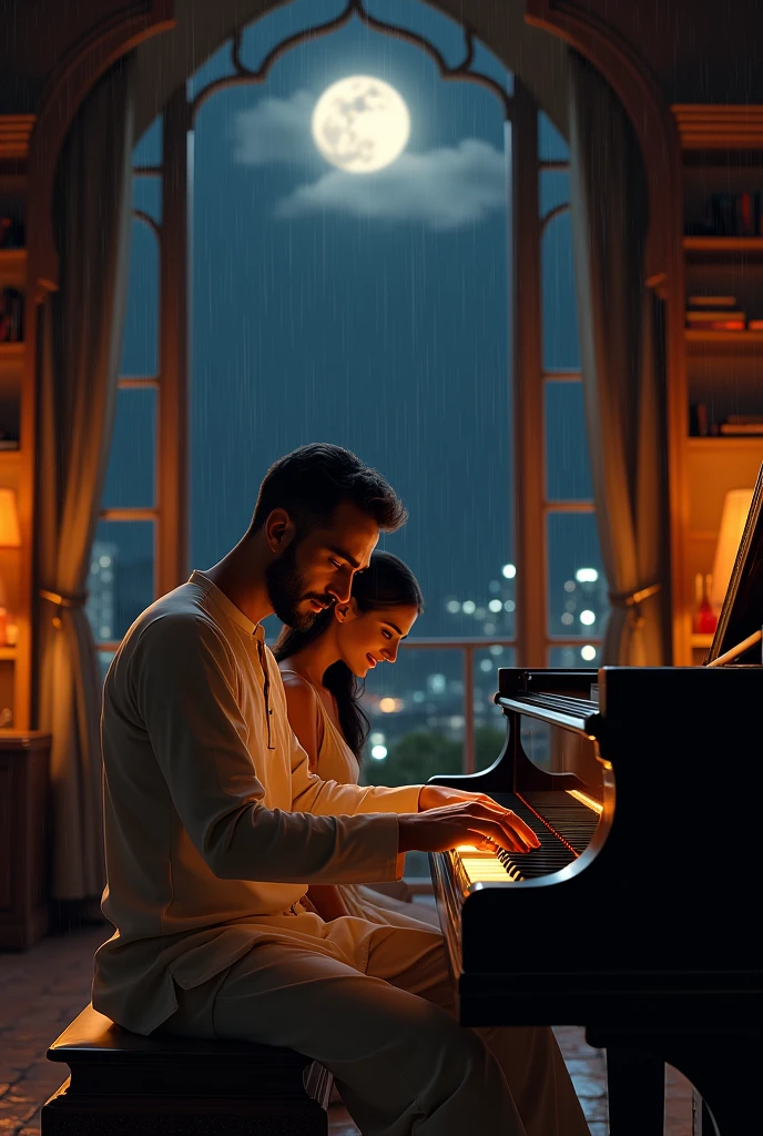 Big living room with large book shelves, cozy with sofas and center table, warm dark lighting, heavily raining outside with full moon filling the room, very dark night time, beautiful window, man with very light stubble, long nose, wearing well fitted kurta and tight pajama and durre najaf ring on ring fingerof right hand, playing an upright piano, women  sitting at side smiling with her head leaned on his shoulder face not visible, 1:1
