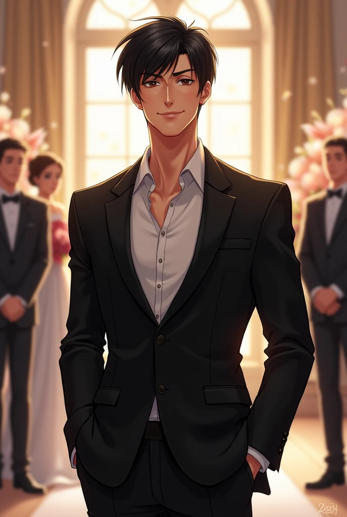 A young man with dark short hair and a confident smile. He is dressed in a black blazer over a white shirt. In wedding ceremony