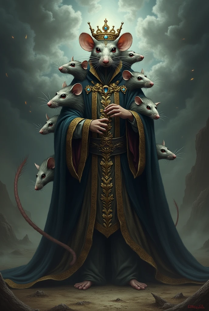 Create an image of a Rat King, wearing ancient King&#39;s clothes wearing a crown on his head with a caption on the image saying give me back my Queen