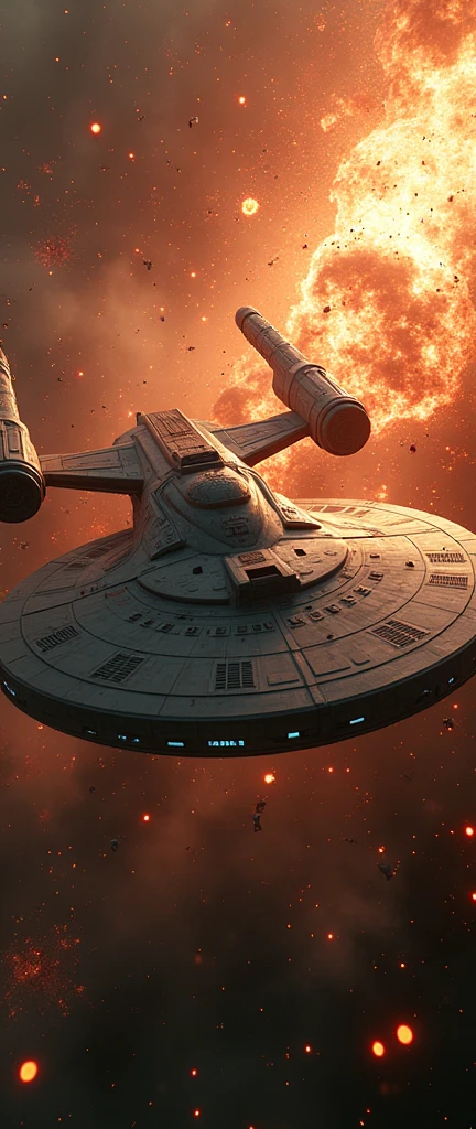 a massive star trek starship colliding with another ship, rusted debris, massive explosion, cinematic dramatic lighting, hyperrealistic, 8k, photorealistic, highly detailed, volumetric lighting, cinematic camera angle, glowing plasma, sparks, shattered metal, ultra detailed hull textures, realistic physics simulation, stunning visual effects, dramatic sci-fi atmosphere