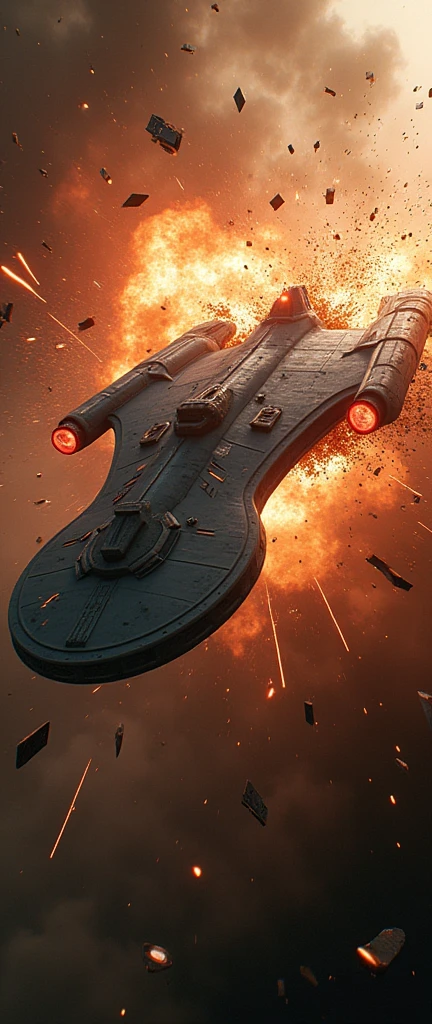 a massive star trek starship colliding with another ship, rusted debris, massive explosion, cinematic dramatic lighting, hyperrealistic, 8k, photorealistic, highly detailed, volumetric lighting, cinematic camera angle, glowing plasma, sparks, shattered metal, ultra detailed hull textures, realistic physics simulation, stunning visual effects, dramatic sci-fi atmosphere