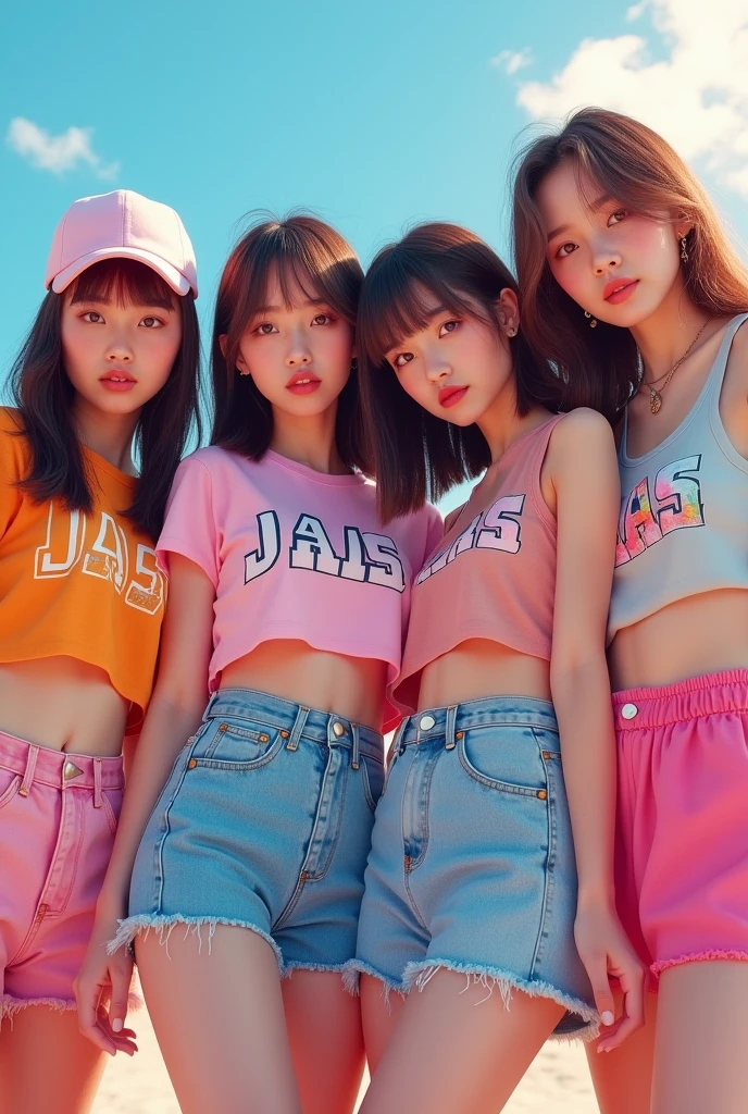 Four girl friends fair skin straight hair kpop clothes with jaas writteen on top aesthetically