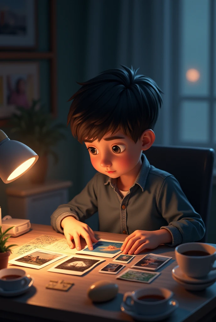 A boy who is at a desk with soft lighting and a lamp on his desk where he is looking at pictures and arranging them on his desk 