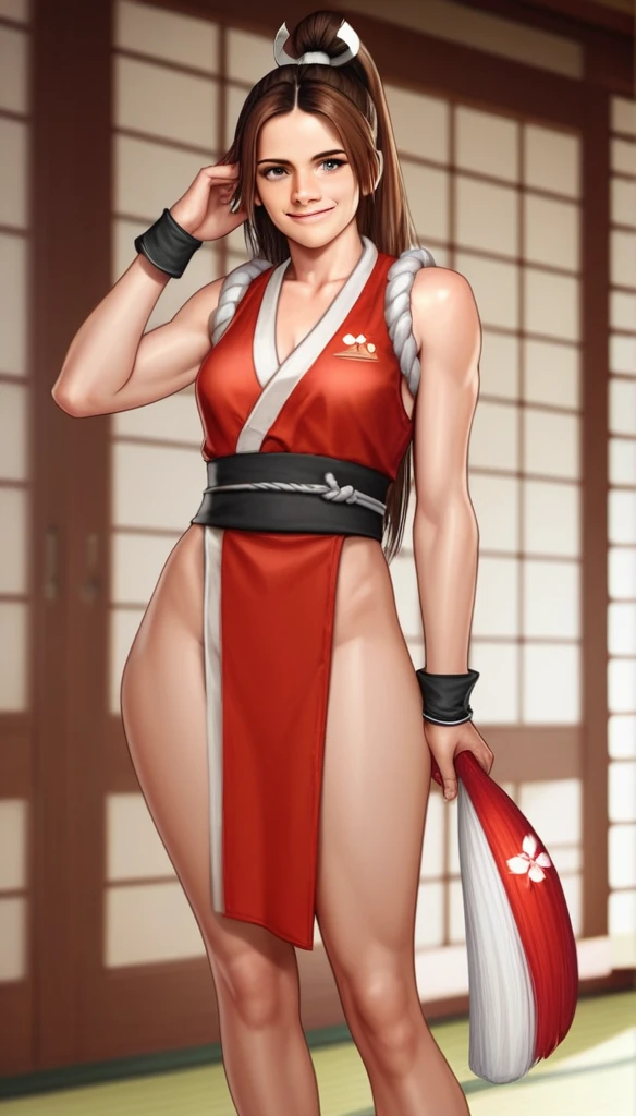 (Emma Watson smile face), Long Hair, shiranui_mai, the_king_of_fighters, standing  BREAK score_9, score_8_up, score_7_up, score_6_up, score_5_up, score_4_up,