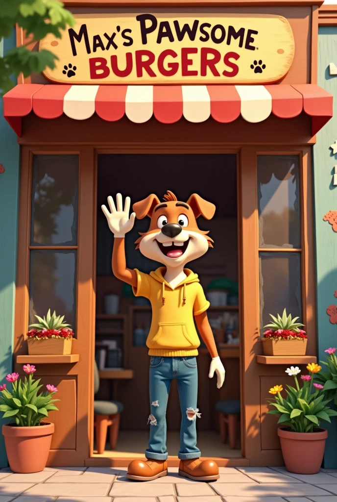 Max proudly opens the door to his new burger shop, "Max’s Pawsome Burgers." He puts up a sign and waves at passing shoppers with a hopeful smile.