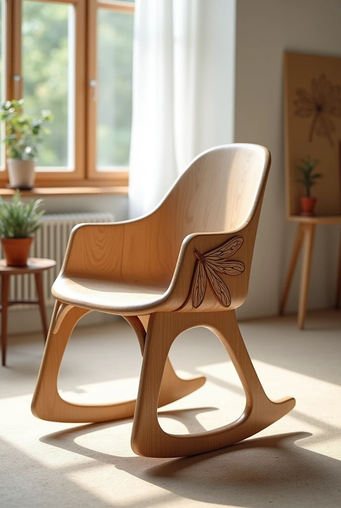 Innovative rocking chair, with the shakers and ART nouveau styles, chair legs with dragonfly wing details