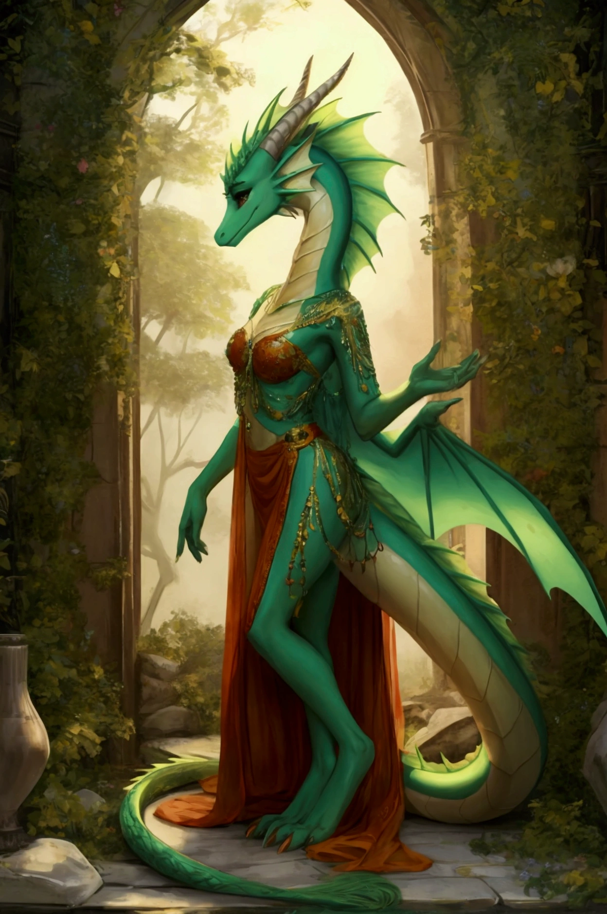 Girl dragon with green scale skin no clothes Naked no jewelry