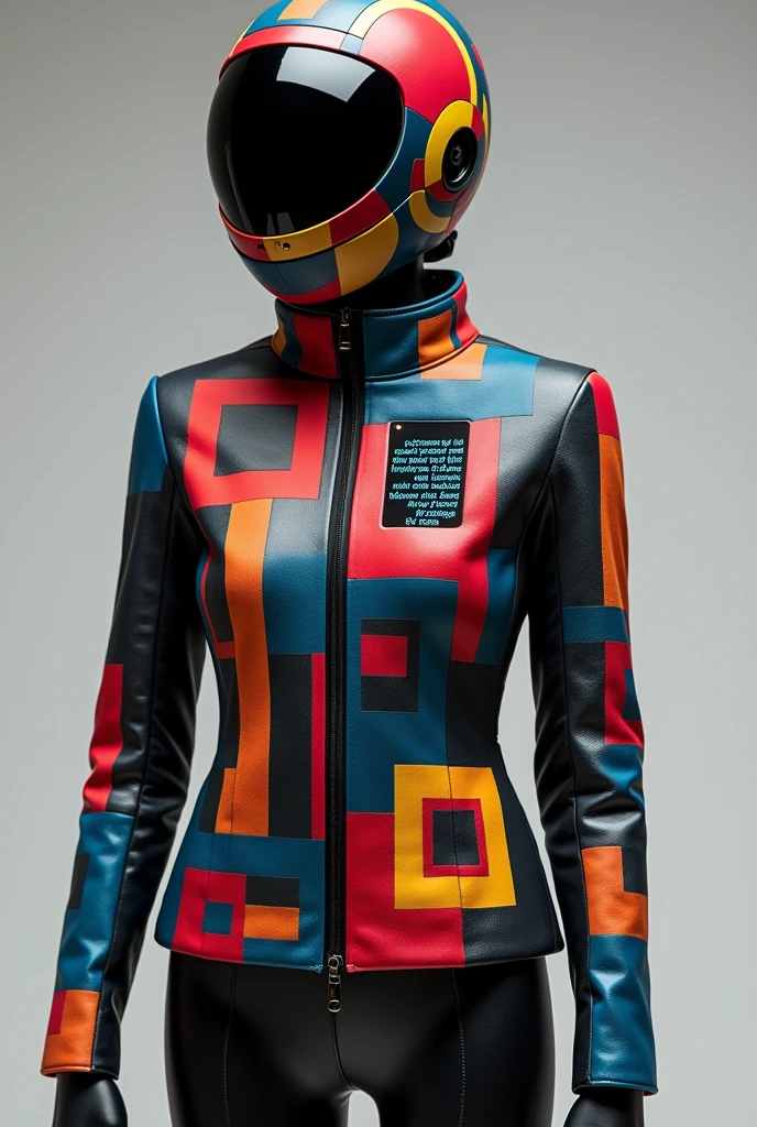 A self-adjusting, futuristic Bauhaus-style jacket in the colours of Gertrud Arndt's carpets, It has owner recognition and an interactive LED panel on the right side of the chest.