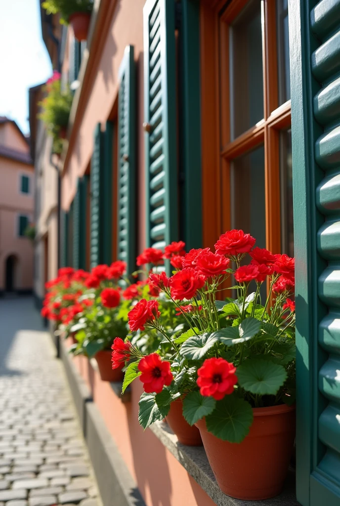 A photo of large and beautiful windows with geranium flowers in Europe. The windows have a traditional European style, with multiple panes and decorative elements. The geranium flowers are in pots and are placed on the windowsill. The background reveals a cobblestone street and a building with a wooden door.