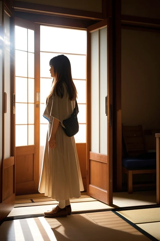 A young Japanese woman with medium-length chestnut hair is standing in the room with light filling it.、A scene in which a person walks towards the light。Quiet music of hope playing