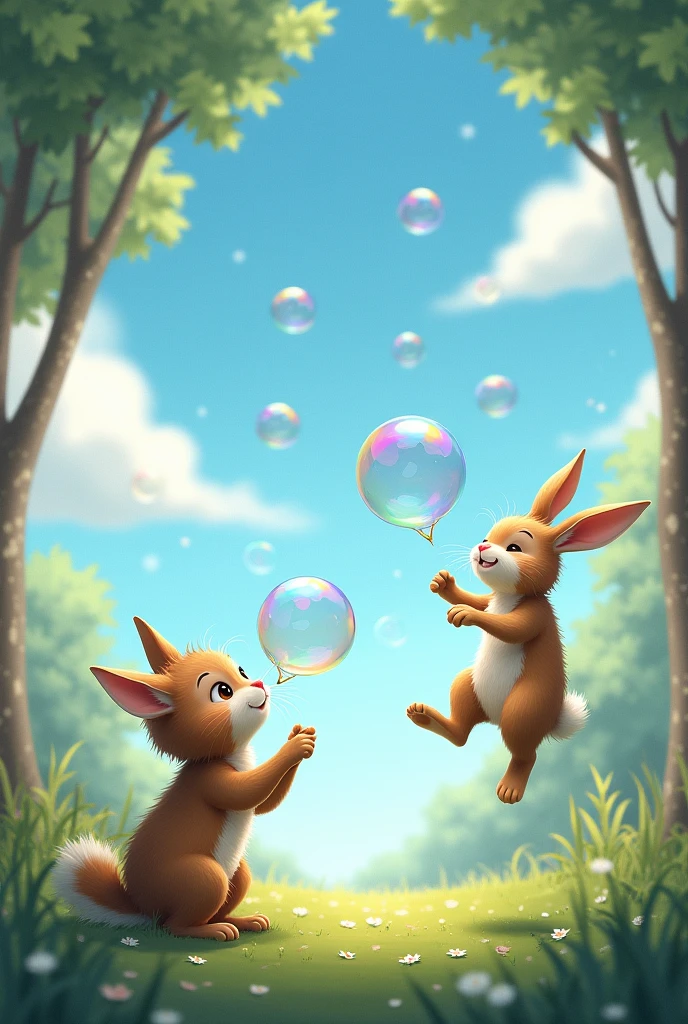 There is a cat on the left blowing a super big soap bubble,Soap bubbles on top of cat,There is a rabbit on the right jumping up happily trying to catch the bubbles,The background is the sky and the forest