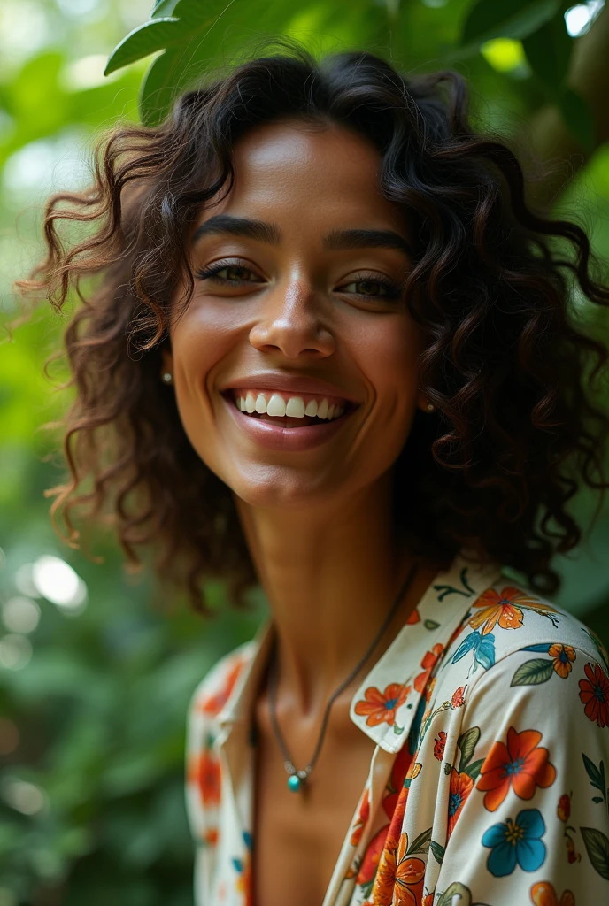 A Brazilian woman in a lush tropical garden, wearing an open shirt with a floral print, with a close-up capturing the harmonious beauty between her breasts and the natural flowers, showing off your natural charm and outgoing personality.