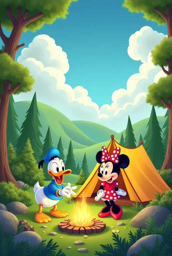 For a cover,  a lemon green background landscape. With Minnie Mouse and camping in a beautiful place with Donald Duck. Clouds and trees. That the whole image looks good without gradient and that the lemon green stands out. CORRECTLY GENERATE THE HANDS, THEY ARE 4 FINGERS IN EACH HAND AND TWO HANDS 
