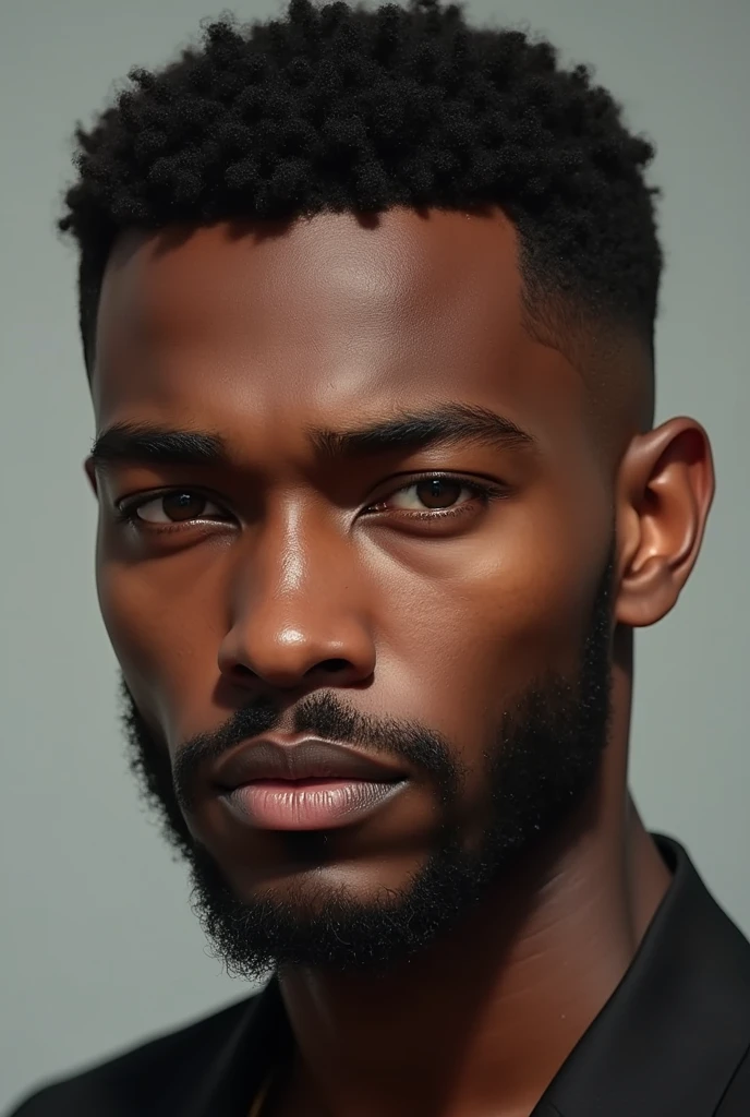 A male face with a sharp nose, Beard not too full, dark skin short hair, dark brown eyes medium lips, the rounded face