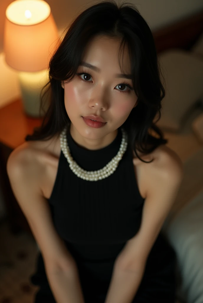 Shoot from top to bottom，Photography，HD，Real People，1 Asian girl，The movements are natural and elegant，Slightly fat，1，White skin，Beautiful facial features，Exquisite makeup，Exquisite eyes，Eye details，Dark eyeshadow，Pearl Necklace，Black high collar sleeveless，Shoulder，arm，Soft light and shadows indoors，Rich details，a lamp，Kneeling