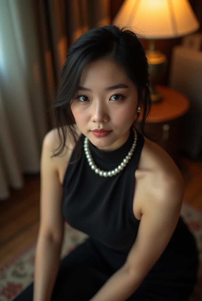 Shoot from top to bottom，Photography，HD，Real People，1 Asian girl，The movements are natural and elegant，Slightly fat，1，White skin，Beautiful facial features，Exquisite makeup，Exquisite eyes，Eye details，Dark eyeshadow，Pearl Necklace，Black high collar sleeveless，Shoulder，arm，Soft light and shadows indoors，Rich details，a lamp，Kneeling