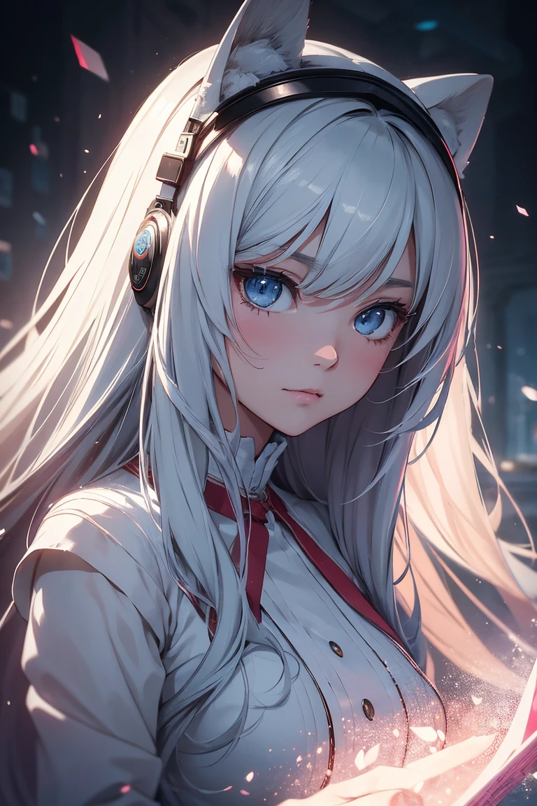 a stunning intricate portrait of a cute girl, manga style, epic character composition, by alessio albi and nina masic, soft focus, vertical portrait, natural lighting, f 2, 5 0 mm, classic chrome, film grain, cinematic lighting, ((masterpiece)), 8K, HDR, listenign to music, headphones,(very happy face), colorful