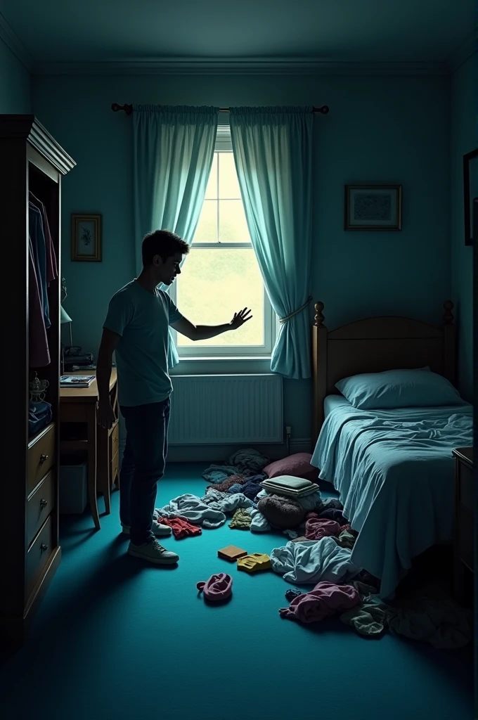 the room full of dark shapes until Connor flicked on the light, and the shapes became an unmade bed, a cluttered desk under the window, and an open wardrobe disgorging clothes on to the floor, piles like islands against the sea-blue carpet.