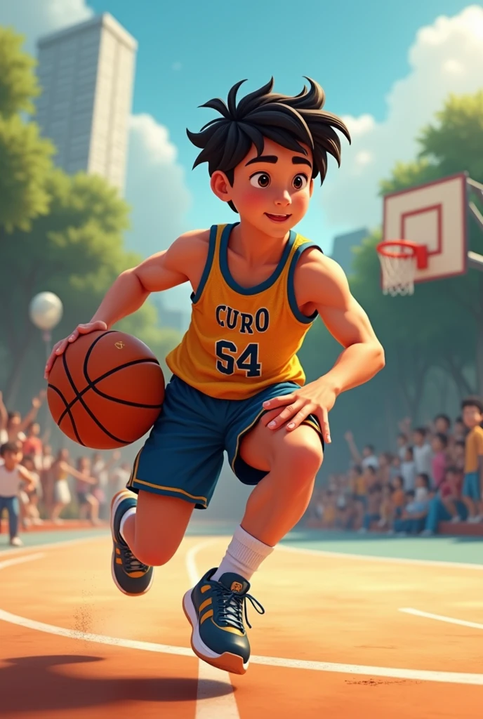  boy, playing basketball, Black hair handsome, realistic