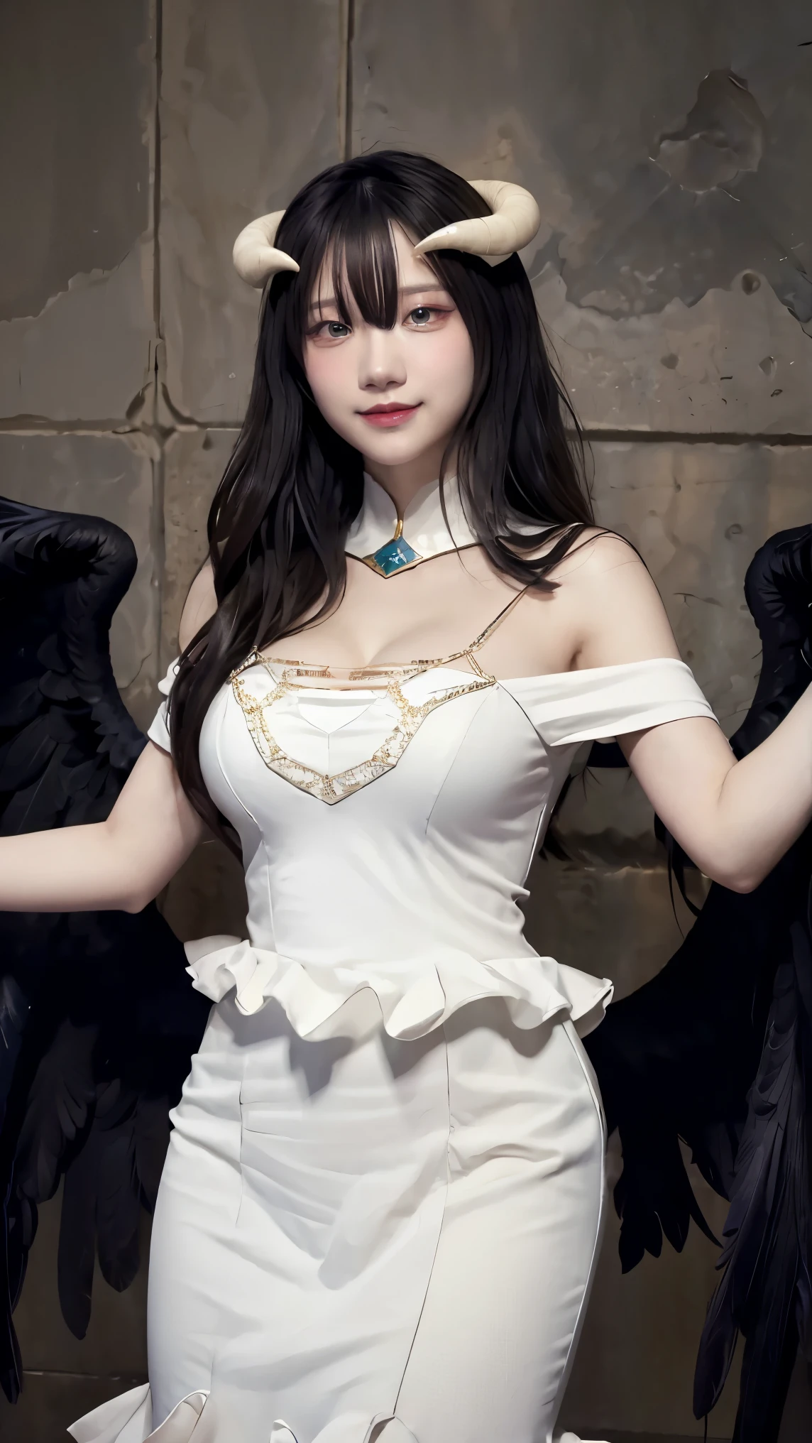 masterpiece, best quality, highres, al1, demon horns, slit pupils, white gloves, white dress, bare shoulders, detached collar, cleavage, black wings, feathered wings, low wings, cowboy shot, standing, dungeon, evil smile, reaching out, spread arms, outstretched arms,